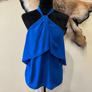NWT Mika Mindel Medium Royal Blue 100% Silk Halter Tank Classy Office Siren Glam
